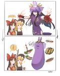  3girls absurdres ascot bare_shoulders black_hair black_headwear black_vest blonde_hair bow braid brown_eyes brown_hair china_dress chinese_clothes dress eggplant flower food hair_bow hair_tubes hakurei_reimu hat highres japanese_clothes kirisame_marisa long_hair multiple_girls nontraditional_miko purple_dress purple_flower red_bow red_eyes shirt short_sleeves sidelocks single_braid sparkle71059204 touhou unfinished_dream_of_all_living_ghost vegetable vest violet_eyes white_shirt witch_hat yellow_ascot yomotsu_hisami 