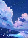  1girl absurdres afloat brown_hair clouds cloudy_sky dress flower grass highres lantern long_hair mountainous_horizon night original shooting_star shore short_sleeves signature sky star_(sky) star_(symbol) starry_sky water white_dress yuzuki_kino 