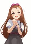  1girl blunt_ends blush brown_hair forehead hairband highres idolmaster long_hair looking_at_viewer minase_iori open_mouth own_hands_together red_eyes ribbon short_sleeves simple_background sinobu0425 solo 