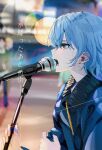  1girl blue_eyes blue_hair blue_jacket blurry blurry_background commentary earrings from_side funi_mu9 hair_between_eyes highres holding holding_microphone_stand hololive hoshimachi_suisei indie_virtual_youtuber jacket jewelry long_hair looking_ahead lyrics microphone microphone_stand music open_mouth outdoors profile singing solo stud_earrings sweat upper_body virtual_youtuber 