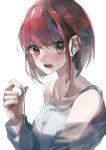  1girl absurdres arima_kana bare_shoulders blunt_bangs blush bob_cut breasts camisole collarbone commentary earphones earphones flustered grey_camisole hand_up headphones highres holding holding_headphones inverted_bob jigsaw_paru looking_at_viewer off_shoulder open_mouth oshi_no_ko red_eyes redhead removing_earbuds shirt short_hair simple_background small_breasts solo sweatdrop upper_body white_background white_camisole white_shirt 