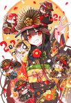  1girl :t brother_and_sister chibi eating family_crest fate/grand_order fate_(series) fiery_hair floral_print grin guitar hair_between_eyes hair_over_eyes happy_new_year hat hi_(wshw5728) highres instrument japanese_clothes kimono long_hair military_hat mini_nobu_(fate) multiple_persona oda_kippoushi_(fate) oda_nobukatsu_(fate) oda_nobunaga_(fate) oda_nobunaga_(maou_avenger)_(fate) oda_uri peaked_cap red_eyes red_nails sash siblings smile v very_long_hair 