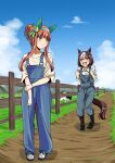  2girls :d alternate_costume alternate_hairstyle animal_ears black_footwear blue_eyes blue_overalls blunt_bangs boots braid brown_hair clenched_hands collared_shirt cow ear_covers fence full_body hair_bun hairband horse_ears horse_girl horse_tail long_hair looking_at_another multicolored_hair multiple_girls orange_hair overalls shino_(ponjiyuusu) shirt shoes short_hair silence_suzuka_(umamusume) smile sneakers special_week_(umamusume) tail two-tone_hair umamusume violet_eyes white_hair white_hairband white_shirt 