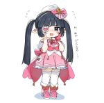  1girl bare_shoulders black_hair blunt_bangs blunt_ends blush bow character_request chibi commentary_request copyright_request dress eyepatch fang fold-over_boots full_body gloves hands_on_own_cheeks hands_on_own_face headwear_request heart highres jitome long_hair looking_at_viewer nose_blush open_mouth pink_bow pink_dress pink_footwear pink_gloves pointy_ears puffy_short_sleeves puffy_sleeves short_dress short_sleeves simple_background single_glove smile solo spawnfoxy standing thigh-highs translation_request twintails v-shaped_eyebrows very_long_hair white_background white_headwear white_thighhighs zettai_ryouiki 