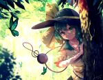  1girl animal black_headwear bug butterfly collarbone dated green_eyes green_hair hair_between_eyes hat hat_ribbon highres komeiji_koishi noumin_joemanyodw ribbon shirt short_hair short_sleeves signature solo third_eye touhou tree yellow_ribbon yellow_shirt 