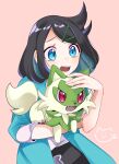  1girl black_hair black_shorts coat commentary_request cowlick eyelashes green_coat green_eyes hair_ornament hairclip highres holding holding_pokemon liko_(pokemon) open_mouth pink_background pokemon pokemon_(anime) pokemon_(creature) pokemon_horizons raised_eyebrows shirt shorts sprigatito teeth tongue ukocome upper_teeth_only white_shirt 