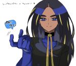  1girl black_hair black_jacket blonde_hair blue_eyes blue_gloves dark-skinned_female dark_skin eyelashes geeta_(pokemon) gloves jacket long_hair long_sleeves lvetica multicolored_hair neck_ribbon pokemon pokemon_(game) pokemon_sv ribbon shirt smile solo speech_bubble streaked_hair thick_eyebrows yellow_ribbon 