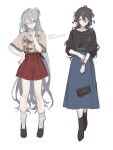  2girls absurdres black_footwear black_shirt blue_hair blue_skirt boots braid brown_hair brown_shirt brown_socks ensemble_stars! full_body genderswap genderswap_(mtf) hair_bun half_updo hibiki_wataru highres light_blue_hair long_hair mmi_4 multiple_girls one_eye_closed red_eyes red_shorts sakuma_rei_(ensemble_stars!) shirt shorts skirt socks violet_eyes wavy_hair 