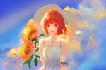  1girl arima_kana bob_cut clouds cloudy_sky dress flower happy hat hat_ribbon highres inverted_bob jewelry looking_at_viewer necklace necktie open_mouth oshi_no_ko red_eyes redhead ribbon short_hair sky smile sunflower upper_body white_dress white_headwear white_necktie white_ribbon ximingpi 