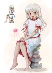  1girl animal barefoot blush ebisu_eika full_body grey_hair highres himuhino jellyfish long_earlobes long_hair multiple_views open_mouth red_eyes shirt short_sleeves sitting skirt smile touhou white_shirt white_skirt zun_(artist) 