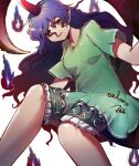  1girl absurdres breasts clothes_writing feet_out_of_frame green_shirt green_shorts highres horns long_hair open_mouth pointy_ears purple_hair red_eyes red_horns shirt shishui_guima short_sleeves shorts simple_background single_horn small_breasts solo tail tenkajin_chiyari touhou unfinished_dream_of_all_living_ghost white_background 