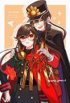  2girls absurdres black_hair black_headwear blush character_request closed_eyes fate/grand_order fate_(series) glasses gloves hi_(wshw5728) highres long_hair long_sleeves multiple_girls oda_nobukatsu_(fate) open_mouth parted_lips red_eyes smile teeth translation_request twitter_username white_gloves yellow-framed_eyewear 