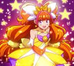  1girl amanogawa_kirara arms_behind_back artist_name back_bow big_hair blunt_bangs bow brooch commentary cowboy_shot cure_twinkle detached_collar detached_sleeves dress earrings go!_princess_precure hair_ornament hair_scrunchie jewelry light_particles long_hair looking_at_viewer low-tied_long_hair magical_girl multicolored_hair open_mouth orange_hair precure redhead scrunchie short_dress signature smile solo standing star_(symbol) star_earrings star_hair_ornament strapless strapless_dress tiara twintails two-tone_hair two_side_up violet_eyes yellow_bow yellow_collar yellow_dress yellow_scrunchie zerolay 