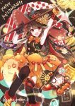  1girl armpits belt black_gloves family_crest fate/grand_order fate_(series) fingerless_gloves gloves halloween halloween_costume happy_halloween hi_(wshw5728) highres holding holding_staff long_hair mini_nobu_(fate) neck_ribbon oda_nobukatsu_(fate) oda_nobunaga_(fate) oda_uri open_mouth orange_ribbon orange_skirt pumpkin_hat_ornament red_eyes ribbon sidelocks skirt smile sparkle staff thigh-highs twitter_username very_long_hair 