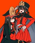  2girls cape family_crest fate/grand_order fate_(series) genderswap genderswap_(mtf) gloves hair_between_eyes hat highres jacket letterman_jacket long_sleeves low_ponytail military_hat military_uniform multiple_girls oda_nobukatsu_(fate) oda_nobunaga_(fate) oda_uri open_mouth peaked_cap ponytail red_background red_cape red_eyes red_shirt red_skirt red_theme sempon_(doppio_note) shirt siblings sidelocks simple_background skirt smile uniform 