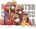  1boy 1girl armored_boots belt black_cape blush boots brother_and_sister cape cup facing_viewer family_crest fate/grand_order fate_(series) fiery_hair food food_in_mouth food_on_face gloves grin hair_between_eyes hat hi_(wshw5728) highres keychain long_sleeves military_hat mini_nobu_(fate) oda_nobukatsu_(fate) oda_nobunaga_(fate) oda_uri open_mouth red_cape red_eyes sakazuki seiza siblings sidelocks simple_background sitting smile sparkling_eyes twitter_username white_background 