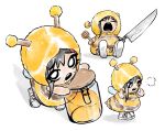  1girl alternate_costume bee_costume black_hair chainsaw_man chibi gurumo_(twitter) higashiyama_kobeni highres holding holding_knife honey honey_dipper knife looking_at_viewer looking_to_the_side mole mole_on_cheek mole_under_eye open_mouth short_hair simple_background single_sidelock white_background 