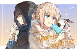  black_hoodie blanca_(fate) blue_eyes bug character_name coat dual_persona fate/grand_order fate_(series) food gradient_background grey_hair hair_bun highres hood hood_up hoodie male_focus oberon_(fate) popsicle sparkle uncleko5 white_coat 