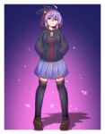  100_percent_orange_juice 1girl averageairhead black_thighhighs full_body hands_in_pockets head_tilt highres hood hood_up hoodie light_smile long_sleeves looking_at_viewer purple_hair short_hair skirt solo suguri_(character) thigh-highs violet_eyes zettai_ryouiki zipper_pull_tab 