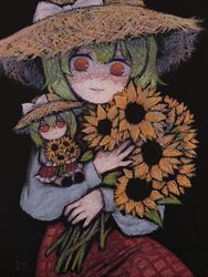  1girl absurdres black_background bow character_doll closed_mouth cowboy_shot dress flower fumo_(doll) green_hair grey_shirt hat hat_bow highres holding holding_flower kazami_yuuka long_sleeves looking_at_viewer medium_hair plaid plaid_dress red_dress red_eyes shaded_face shirt simple_background smile solo straw_hat sunflower svveetberry touhou traditional_media white_bow 