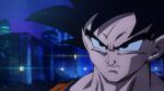  1boy aiveravane black_hair blue_shirt building close-up commentary derivative_work dougi dragon_ball dragon_ball_z english_commentary frown highres hisada_kazuya lamppost male_focus muscular muscular_male night orange_shirt serious shirt solo son_goku spiky_hair v-shaped_eyebrows 