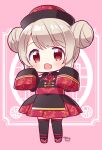  1girl :d black_dress black_sleeves black_thighhighs blush chibi commentary_request double_bun dress fang floral_print fujisawa_kamiya full_body grey_hair hair_bun hat jiangshi_costume long_sleeves looking_at_viewer natori_sana official_alternate_costume open_mouth pink_background qing_guanmao red_eyes red_footwear sana_channel sleeves_past_fingers sleeves_past_wrists smile solo standing thigh-highs virtual_youtuber wide_sleeves 
