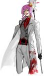  1girl black_gloves blood blood_on_clothes circular_saw coat e.g.o_(project_moon) employee_(lobotomy_corporation) gloves grey_vest holding holding_weapon lobotomy_corporation long_sleeves nishikujic open_mouth pants project_moon purple_hair red_shirt shirt short_twintails simple_background smile solo twintails vest weapon white_background white_coat white_pants wing_collar yellow_eyes 