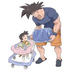  2boys baby baby_walker black_eyes black_hair blue_shirt closed_eyes dragon_ball dragon_ball_z drinking ellischestert12 father_and_son highres holding male_focus multiple_boys muscular muscular_male orange_shorts shirt shorts simple_background slippers son_gohan son_goku spiky_hair standing tail water white_background 