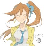  1girl absurdres ace_attorney arms_at_sides athena_cykes blue_necktie blue_ribbon blush closed_eyes collared_shirt crescent crescent_earrings cropped_jacket dot_nose earrings grin hair_ribbon highres jacket jewelry lapels long_hair loose_necktie necktie open_collar orange_hair phoenix_wright:_ace_attorney_-_dual_destinies ribbon shirt side_ponytail sidelocks simple_background single_earring sleeve_cuffs smile solo swept_bangs upper_body very_long_hair wasshoi_murano white_background white_shirt yellow_jacket 