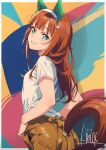  1girl animal_ears blue_eyes blush ear_covers hairband highres horse_ears horse_girl horse_tail kibidango_14-gou long_hair looking_back orange_hair orange_pants pants shirt short_sleeves silence_suzuka_(umamusume) smile t-shirt tail tail_through_clothes umamusume white_hairband white_shirt 