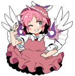  1girl animal_ears bird_ears bird_wings blush brown_dress brown_headwear dress fingernails frilled_dress frilled_sleeves frills green_nails grey_eyes grin hat ini_(inunabe00) long_fingernails mystia_lorelei nail_polish one_eye_closed pink_hair sharp_fingernails short_hair short_sleeves simple_background sleeve_garter smile solo touhou v white_background white_wings winged_hat wings 