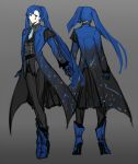  1girl black_pants black_vest blue_coat blue_eyes blue_footwear blue_gloves blue_hair blue_necktie boots closed_mouth coat e.g.o_(project_moon) employee_(lobotomy_corporation) full_body gloves grey_background high_heel_boots high_heels knight_of_despair lobotomy_corporation long_hair multiple_views necktie nishikujic pants project_moon simple_background teardrop_facial_mark twintails very_long_hair vest 