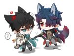  2boys ? anger_vein animal animal_ears antenna_hair bandaged_hand bandages black_footwear black_hair black_sleeves blade_(honkai:_star_rail) chibi chinese_clothes closed_mouth dan_heng_(honkai:_star_rail) full_body green_eyes grey_pants hair_over_one_eye highres holding holding_animal honkai:_star_rail honkai_(series) hoshikuroyoru long_hair looking_at_another multiple_boys no_mouth pants parted_bangs raccoon red_eyes speech_bubble standing tail tail_grab ticket v-shaped_eyebrows white_sleeves 