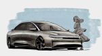  1girl boots car expressionless floating_hair greyscale_with_colored_background highres hikageno long_hair looking_to_the_side lucid_air lucid_motors motor_vehicle original shadow shirt sketch skirt vehicle_focus 