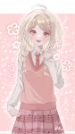  1girl :d ahoge akamatsu_kaede blush braid collared_shirt danganronpa_(series) danganronpa_v3:_killing_harmony flower hand_up heart highres huacha_(ktk7skr) long_hair long_sleeves musical_note musical_note_print necktie pink_vest pleated_skirt shirt skirt sleeves_past_wrists smile solo teeth twin_braids twintails upper_teeth_only v vest white_background white_shirt 