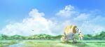  absurdres asaki_(asaki_vision) clouds commentary_request day grass highres hill no_humans outdoors pokemon pokemon_(creature) poliwag regigigas river scenery size_difference sky squirtle standing water yanmega 
