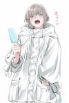  1boy blue_eyes blush coat fate/grand_order fate_(series) food grey_hair hair_between_eyes hand_in_pocket highres holding holding_food hot long_sleeves male_focus oberon_(fate) open_mouth popsicle sausu_hitori simple_background solo sweat white_background white_coat 