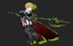  1boy axe belt black_belt black_coat black_gloves black_pants blonde_hair closed_mouth coat collared_shirt gloves halberd highres holding holding_axe limbus_company long_sleeves looking_to_the_side necktie nishikujic pants polearm project_moon red_necktie shirt sinclair_(limbus_company) solo suspenders weapon white_shirt yellow_eyes 
