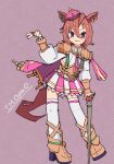  1girl animal_ears armor blush boots cane cape character_name closed_mouth corset crown ear_piercing fingerless_gloves gloves hair_between_eyes hand_up high_heel_boots high_heels highres holding holding_cane horse_ears jewelry long_sleeves looking_at_viewer orange_hair piercing pink_background pink_cape ring shirt short_hair shoulder_armor single_glove skirt smile solo sudzume t.m._opera_o_(umamusume) thigh-highs umamusume v violet_eyes white_gloves white_shirt white_thighhighs yellow_footwear 