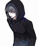  1boy black_coat black_hair blue_eyes coat drawstring fate/grand_order fate_(series) grey_hair hair_between_eyes hood hood_up hooded_coat leaning_forward male_focus oberon_(fate) simple_background solo tongue tongue_out weii2021 white_background zipper zipper_pull_tab 