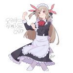  &gt;_&lt; 1girl alternate_costume apron black_dress black_ribbon blush bow bowtie collared_dress commentary_request dress enmaided frilled_apron frilled_dress frills grin hair_ornament hand_on_own_arm hand_up highres juliet_sleeves light_brown_hair long_hair long_sleeves looking_at_viewer maid maid_headdress natori_sana nkst open_mouth pantyhose puffy_sleeves rabbit_hair_ornament red_bow red_bowtie red_eyes ribbon sana_channel simple_background smile solo standing two_side_up virtual_youtuber waist_apron white_apron white_background white_pantyhose 