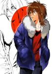 1boy black_pants blue_jacket brown_hair fur-trimmed_jacket fur_trim green_eyes hands_in_pockets highres isoi_reiji jacket long_sleeves looking_to_the_side male_focus multicolored_hair pants parted_lips red_background red_shirt saibou_shinkyoku seponoli shirt solo teeth white_background 