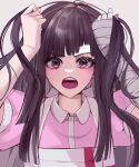  1girl angry apron arms_up bandaged_arm bandages black_hair collared_shirt d: danganronpa_(series) danganronpa_2:_goodbye_despair grabbing_own_hair highres holding holding_hair kkochmeli long_hair pink_shirt puffy_short_sleeves puffy_sleeves shirt short_sleeves simple_background solo teeth tsumiki_mikan upper_body upper_teeth_only white_apron white_background 