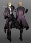  1boy ascot black_footwear black_gloves boots brown_eyes brown_hair coat e.g.o_(project_moon) employee_(lobotomy_corporation) flower frilled_sleeves frills full_body gloves grey_background lobotomy_corporation looking_at_viewer multiple_views nishikujic open_mouth pants project_moon purple_coat purple_flower purple_pants purple_rose rose sidelocks simple_background smile white_ascot 