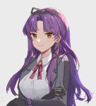  1girl absurdres bow eiyuu_densetsu gloves grey_background hair_bow highres kuro_no_kiseki long_hair long_sleeves looking_at_viewer portrait renne_(eiyuu_densetsu) simple_background smile solo upper_body violet_eyes yazawa_yuki yellow_eyes 