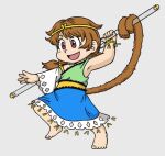  1girl :d bare_shoulders barefoot brown_eyes brown_hair circlet detached_sleeves dragon_ball dragon_ball_(classic) dress edgycat full_body grey_background holding holding_weapon low_twintails monkey_tail multicolored_clothes multicolored_dress open_mouth ruyi_jingu_bang simple_background single_detached_sleeve sleeveless sleeveless_dress smile solo son_biten tail touhou twintails unfinished_dream_of_all_living_ghost weapon white_sleeves 