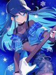  1girl absurdres baseball_cap blue_eyes blue_hair blue_nails character_name closed_mouth commentary_request cowboy_shot dated electric_guitar fingernails guitar happy_birthday hat highres holding holding_instrument hoshino_ichika_(project_sekai) hrn_ohana instrument jewelry layered_sleeves long_hair long_sleeves looking_at_viewer necklace official_alternate_costume project_sekai short_over_long_sleeves short_sleeves shorts smile solo star_(symbol) tsunagu_hoshi_no_uta_(project_sekai) 