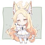  1girl animal_ear_fluff animal_ears animal_on_shoulder bird blonde_hair blue_archive bow chibi closed_mouth dress forehead fox_ears fox_girl full_body halo hazuki_ruu highres long_hair long_sleeves pink_eyes seia_(blue_archive) shoes sleeves_past_fingers sleeves_past_wrists smile standing white_bow white_dress 