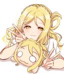  1girl :3 blonde_hair braid crown_braid double_v hair_ornament hair_rings highres looking_at_viewer love_live! love_live!_sunshine!! nesoberi nky4321 ohara_mari simple_background solo stuffed_toy swept_bangs upper_body v white_background yellow_eyes 