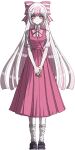  1girl black_footwear bow bowtie breasts collared_shirt danganronpa_(series) dress envelope envelope_hair_ornament full_body grey_hair hair_bow highres huacha_(ktk7skr) large_breasts long_hair love_letter original own_hands_together pink_bow pink_bowtie pink_dress pink_eyes pink_hair pleated_dress shirt shoes short_sleeves simple_background socks solo standing straight-on striped striped_bow white_bow white_shirt white_socks 